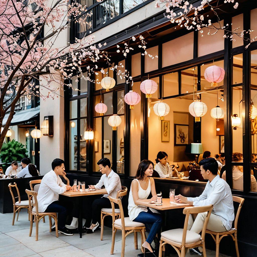 A cozy cafe scene featuring a diverse group of couples engaged in intimate conversations, showcasing joy and connection. Soft pastel colors with cherry blossom decor and cozy seating arrangements, highlighting cultural elements from various Asian backgrounds. Light sparkles around the couples to symbolize love and attraction. Include hints of traditional Asian motifs, like lanterns or calligraphy in the background. dreamy illustration. warm tones. inviting atmosphere.