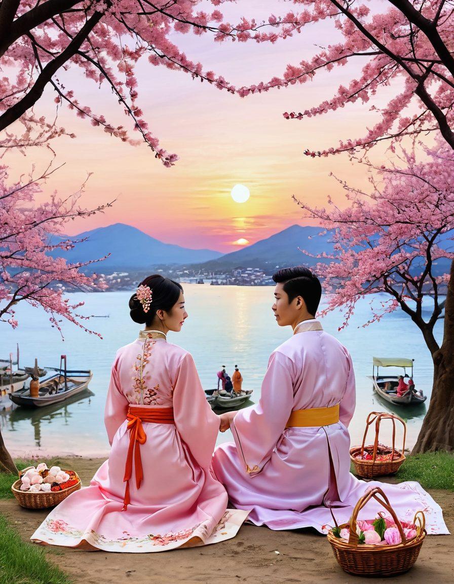 A whimsical collage depicting various Asian couples in endearing moments: a couple sharing a picnic under cherry blossom trees, a hand-in-hand stroll through a bustling market, and a serene sunset scene on a beach. Each couple represents different Asian cultures, adorned in traditional attire. Soft pastel colors dominate the scene, with a gentle, dream-like atmosphere. super-realistic. vibrant colors. light background.