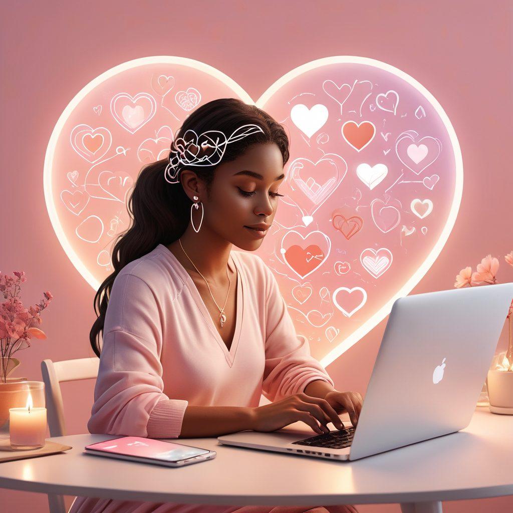 A pair of intertwined hearts made of various digital elements, symbolizing online connections; a person sitting at a laptop surrounded by ethereal light, suggesting warmth and compassion; subtle icons of dating apps floating around, representing the online dating community; soft pastel colors to evoke a sense of connection and warmth. vibrant colors. digital illustration.